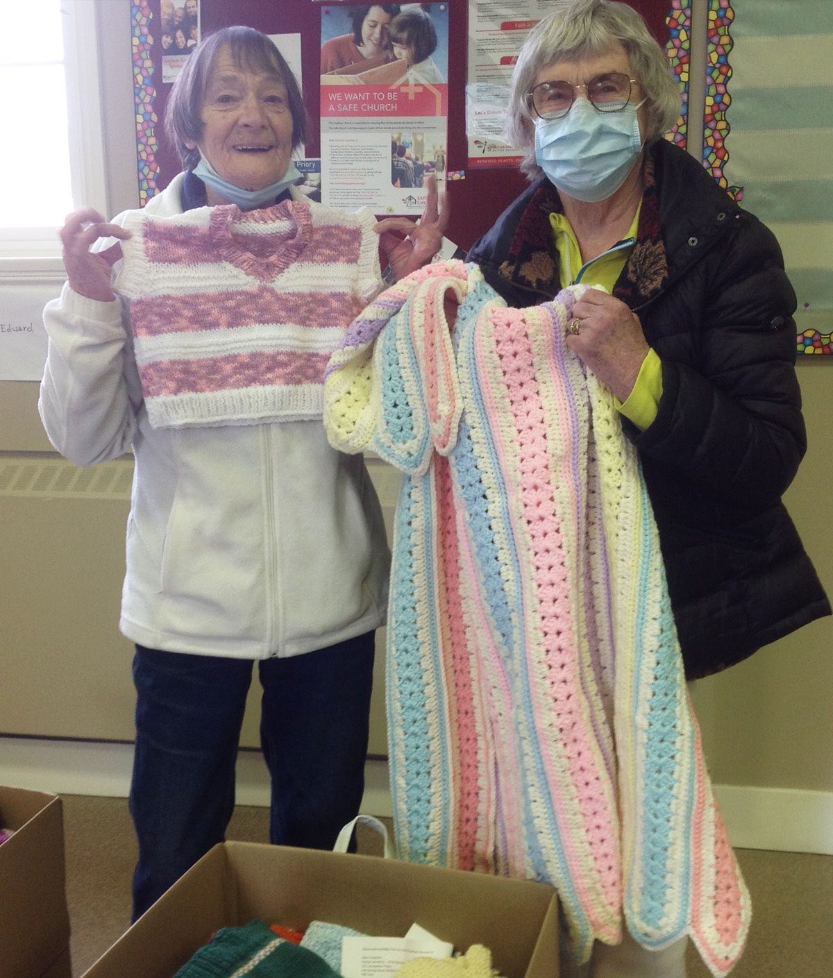 Volunteers Barb Coleman, representative for Cowichan Malaspina; and Katharine Ellis, past treasurer of the diocese’s ACW. Photo by Gloria Hockley.