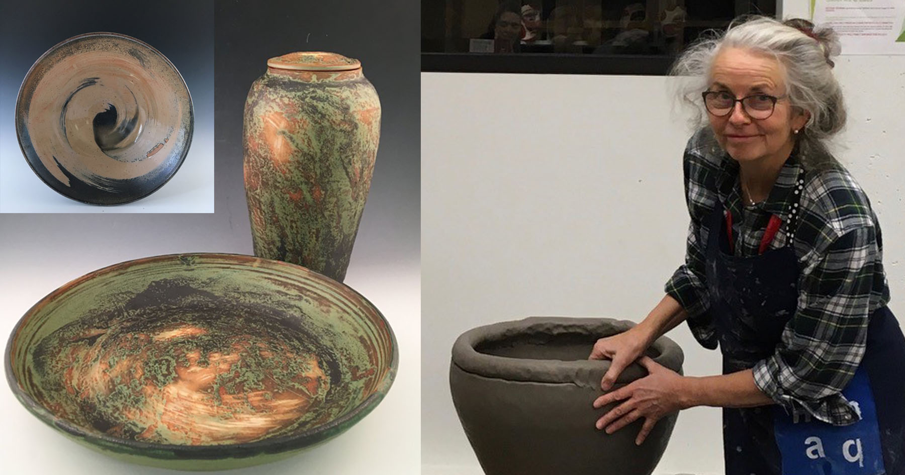 Holly Ratcliffe at work in her studio,with samples of her work: a moss green urn and platter from her Collection présences and a large bowl from her Collection Shino.